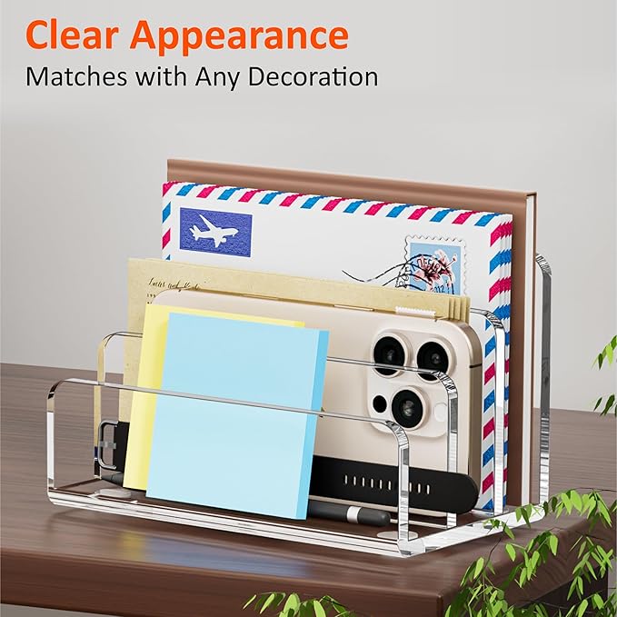 Mail Organizer Countertop, 3 Section Clear Acrylic Small File Holders Letter Organizer for Desk, Modern Filing Accessories for Document, Office, Home, School