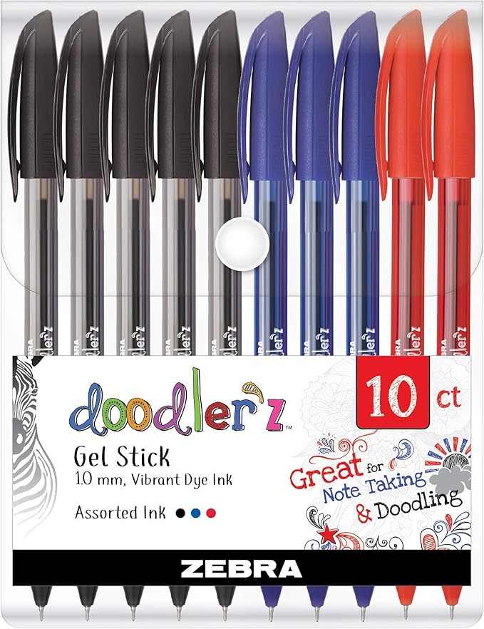 Zebra Pen 41970 Doodlerz Gel Stick Pens, Bold Point, 1.0mm, Vibrant Dye Ink, Assorted Business Colors (Pack of 1, 10 Count Total)