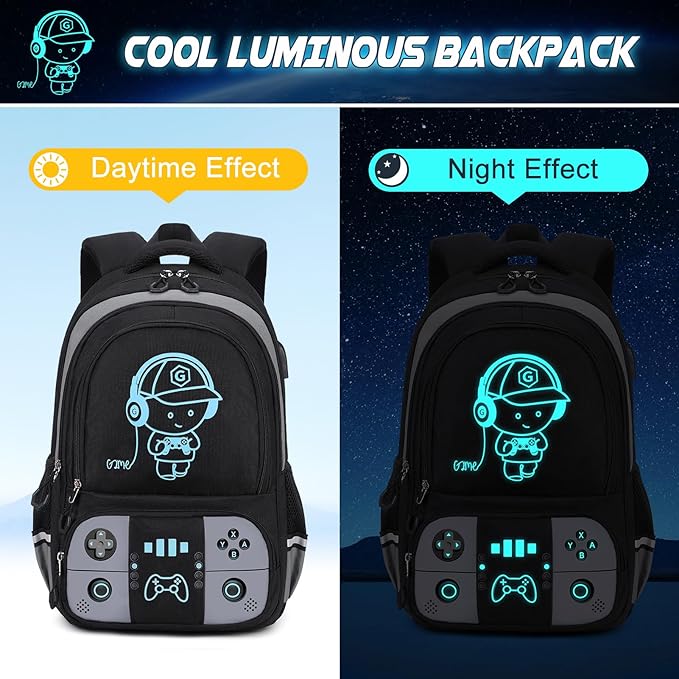 Bevalsa Backpack for School Boys, Cool Luminous Gamer Boys Backpack with Lunch Box & Pencil Pouch Set for Kids Children Teens Elementary Middle Schools, Schoolbag Bookbag Glow In The Dark (Grey)