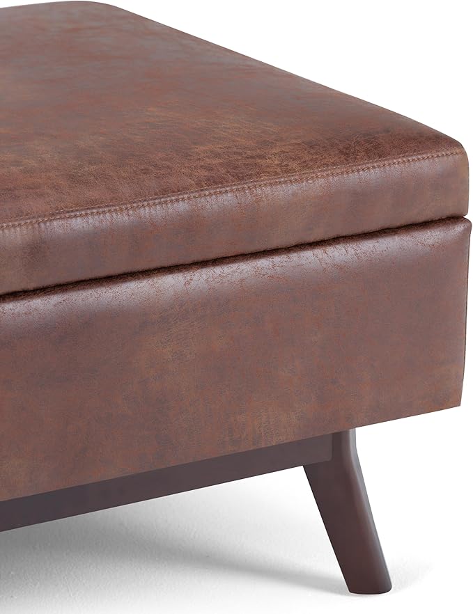 SIMPLIHOME Owen Coffee Table Storage Ottoman - 34 inch Wide Upholstered Vegan Leather Rectangular Lift-Top Ottoman in Distressed Saddle Brown, Mid-Century Bench for Living Room with Tapered Legs