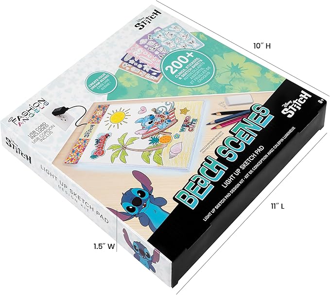 Fashion Angels Disney Stitch Beach Scenes Light Up Sketchpad, Design Kit with Illuminated Tracing Pad, 5 Reusable Vinyl Clings & More, for Kids Ages 8+