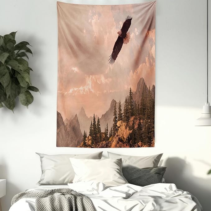 Ambesonne Eagle Tapestry Queen Size, Nature Photography of Rocky Mountains and Forest a Bird Flying over It, Wall Hanging Bedspread Bed Cover Wall Decor, 88" X 88", Rose Green