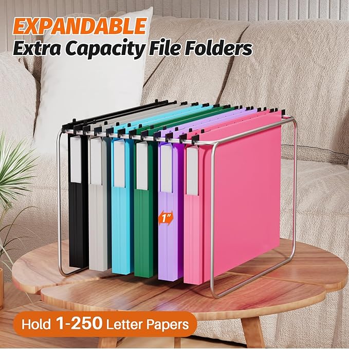 Hanging File Folders Letter Size, 12 Pack File Folders Hanging with Tabs, File Cabinet Folder, 1 Inch Plastic Filing Folders Hanging Expandable for Bulk Files/Medical Charts, Assorted Colors