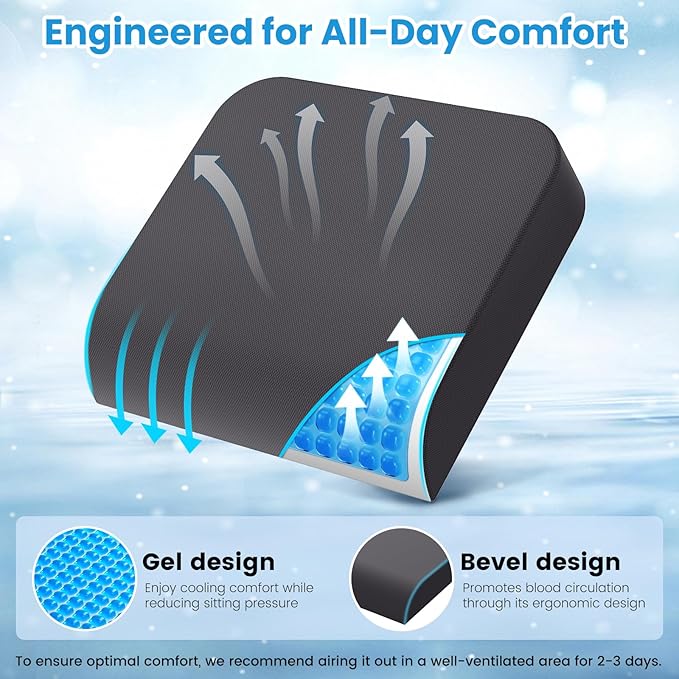 Wheelchair Seat Cushion - Cooling Gel & Memory Foam Office Chair Cushion with Non-Slip Bottom & Washable Cover, Ergonomic Car Seat Pillow for Sciatica, Tailbone, Back Comfort (Grey)