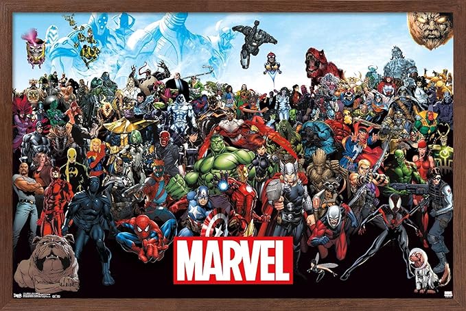 Marvel Comics The Marvel Lineup Wall Poster, 34L" x 22.4W", Mahogany Framed Version