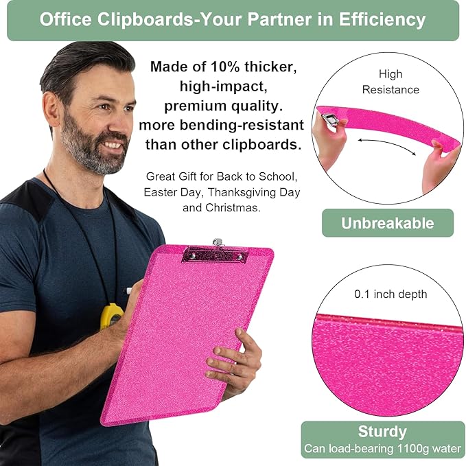 1 Pcs Clear Glitter Clipboards,Plastic Clipboard with Pen Holder,Size 8.85 x 12.4 in Shiny Clipboards with Low Profile Clip,Cute Hanging Clipboard for Office Supplies Sparkly Clip Board-Hot Pink