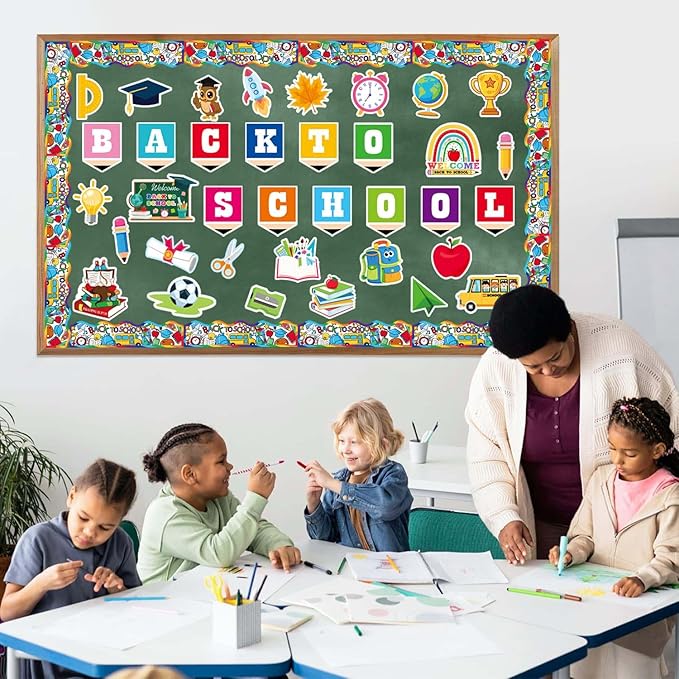 Back to School Decorations for Bulletin Board Set - 53 Pcs Back to School Cutouts First Day of School Themed Bulletin Board Border Wall Decals for Kindergarten Classroom Welcome School Party