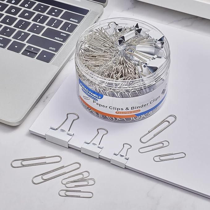 FUDAO FAMILY Paper Clips & Binder Clips, 340 PCS Assorted Sizes, Silver & White