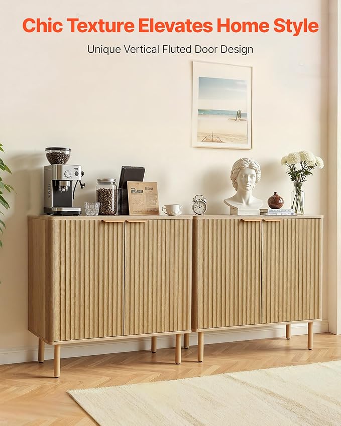 VEVOR Buffet Cabinet, Sideboard Cabinet with 2-Tier Storage, Coffee Bar Cabinet with Adjustable Shelves, Fluted Sideboard Buffet for Hallway, Entryway, Living Room, or Kitchen, Oak(2pcs)