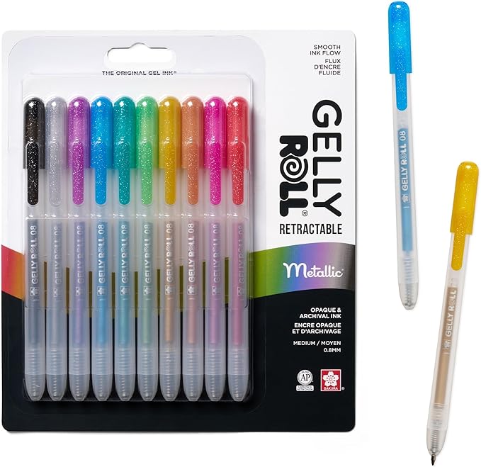 SAKURA Gelly Roll Retractable Gel Pens Colored - Metallic Gel & Medium Point - For Journaling, Art, or Drawing - With Assorted Colored Ink - 10 Pens