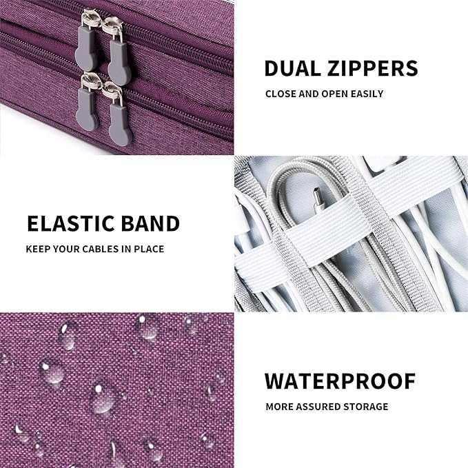 mygreen Electronics Travel Organizer Storage Bag, Double Layer Universal Traveling Gear Accessories Carrying Cover Pouch for iPad Mini Cables Phone Chargers Adapter Flash Hard Drive and More Purple