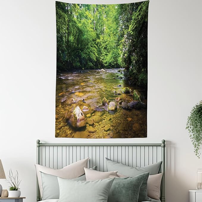Ambesonne Appalachian Tapestry, Oconaluftee River at Smoky Mountains National Park, Wall Hanging for Bedroom Living Room Dorm Decor, 60" X 80", Lime Green Charcoal Grey