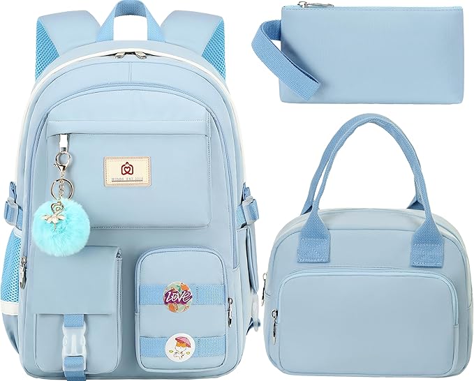 Hidds School Backpack for Teen Girls Women College Laptop Backpacks Kids Cute Bookbag Set with Lunch Box Pencil Case Elementary Middle High Campus Bag 3 Pcs Students Bookbags Sets Travel Daypack-Blue