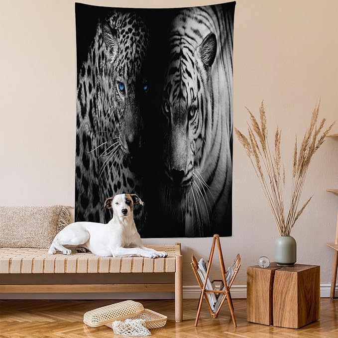 Ambesonne Leopard Tapestry, Animal Eyes Aggressive Powerful Wildcat Profile Print Monochrome Design, Fabric Wall Hanging Decor for Bedroom Living Room Dorm, 30" X 45", Black White Blue