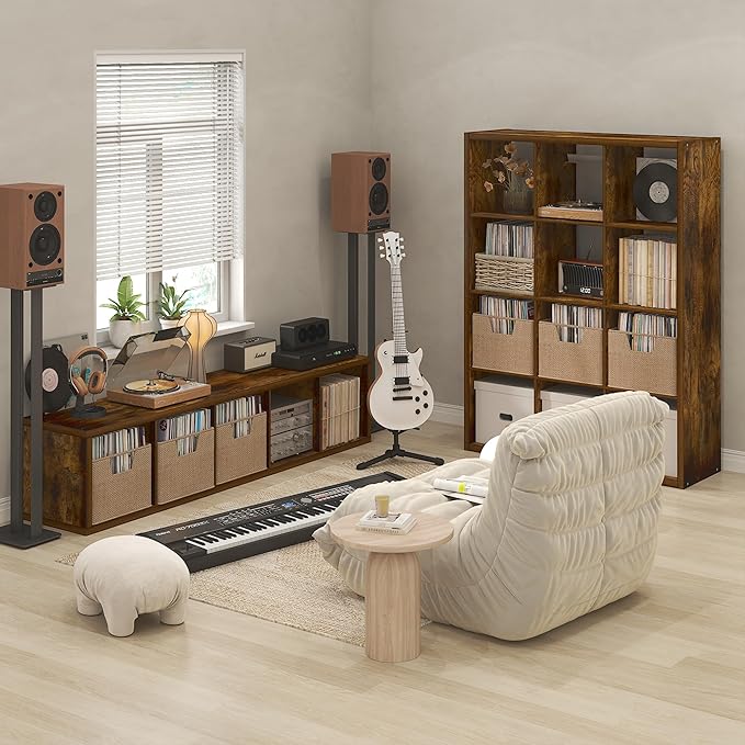 Furinno Cubicle Record Player Stand with Vinyl Storage, 5-Cube 1.2 Extra Thick Vinyl Record Storage, Open Back Media Shelf for CD DVD Blueray Game Disc, for Living Room, Home Office, Amber Pine