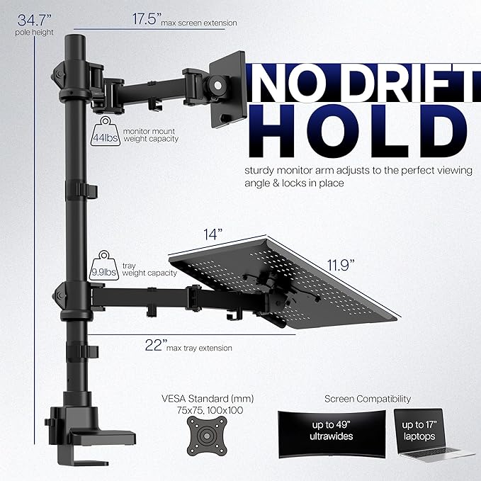 VIVO Extra Tall Desk Mount for up to 49 inch Ultra-Wide Monitor and Tray for up to 17 inch Laptop, Clamp-on Adjustable Stand Holds 44 lb Screens, VESA up to 100x100, Black, STAND-V102T-L