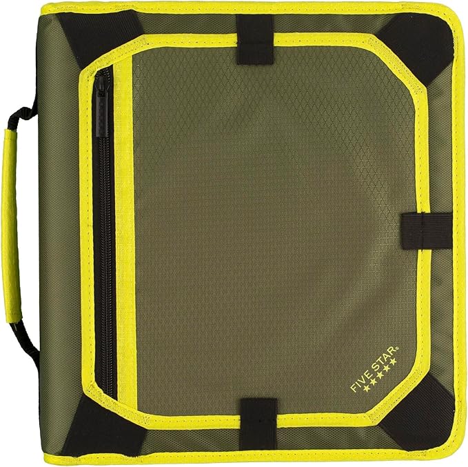Five Star Zipper Binder, 2 Inch 3-Ring Binder with Round Rings, Expansion Panel and 5-Tab Expanding File, 580 Sheet Capacity, Olive/Citrus (290520C)
