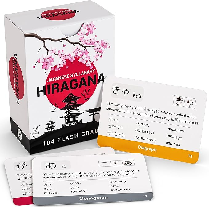 Japanese Hiragana Flash Cards for Kids & Adults – 104 Alphabet Learning Cards with Pictures & Stroke Order – Study Aid for Beginners, Teachers, Classrooms, Homeschool Language Learning Tools