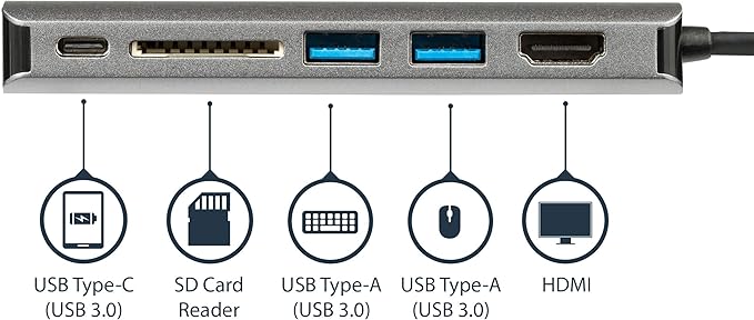 StarTech USB C Multiport Adapter, USB-C Travel Dock to 4K HDMI, 3x USB-A 3.0 Hub, SD/SDHC, GbE, 60W PD 3.0 Pass-Through, Portable USB Type-C Mini Docking Station, Thunderbolt Compatible
