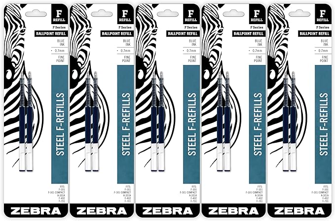 Zebra Pen Steel, F-Refill Ballpoint Ink Refills, 0.7mm Fine Point, Blue Ink, Fits Zebra F-301, F-402, and F-701 Ballpoint Pens, Smooth Writing Performance, 10-Pack (50071)