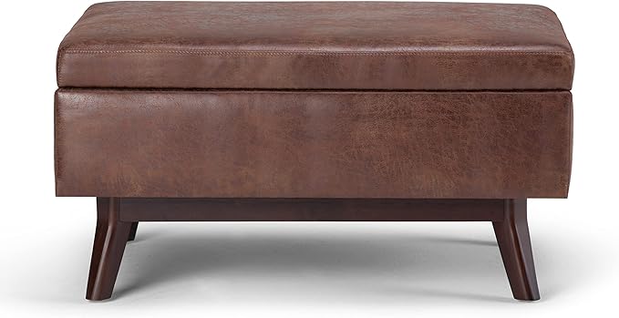 SIMPLIHOME Owen Coffee Table Storage Ottoman - 34 inch Wide Upholstered Vegan Leather Rectangular Lift-Top Ottoman in Distressed Saddle Brown, Mid-Century Bench for Living Room with Tapered Legs