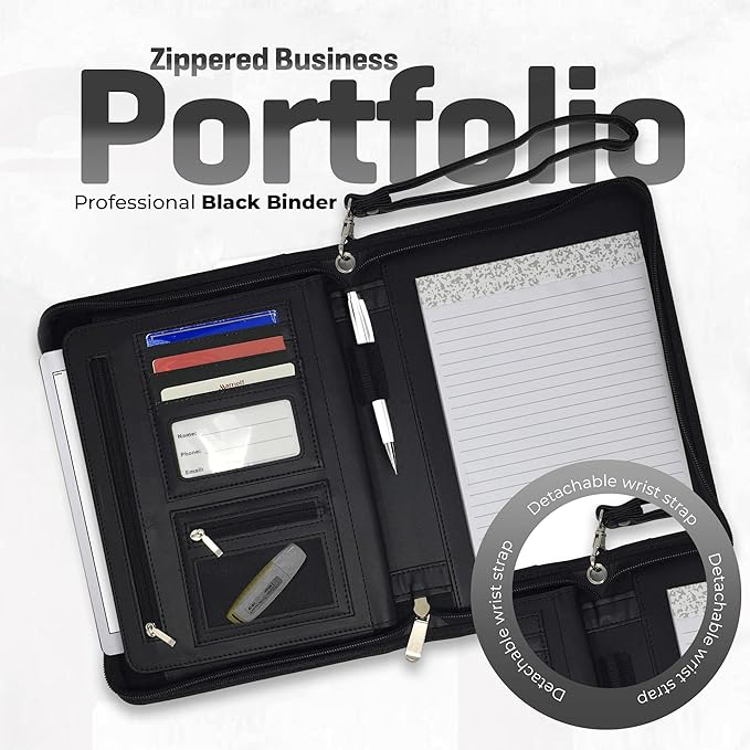 Customized Junior Zippered Leather Padfolio - Name/Logo Printed on Black PU Leather Portfolio Binder & Organizer Folder with 8 Inch Tablet Sleeve & with Junior Legal Notepad