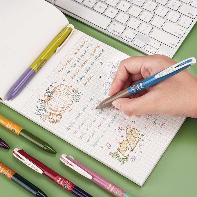 WRITECH Retractable Gel Ink Pens: Multi Colored 2 in 1 Colorful Click Pen Assorted Color 8ct Extra Fine Point Tip 0.5mm Journaling Smooth Writing Note Taking Coloring No Bleed & Smear Smudge
