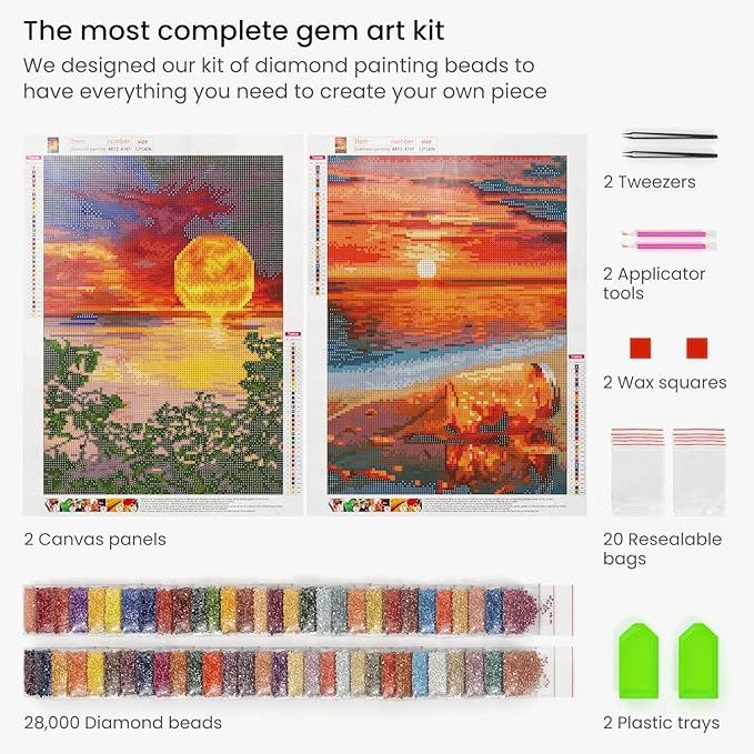ARTEZA 5D Diamond Painting Kit, 2 Pack, Sunset Moon Designs, Full-Drill Diamond Art for Adults, 12 x 16 Inches Canvases, Round Rhinestones, Diamond Painting Accessories, Bead Arts Crafts Supplies