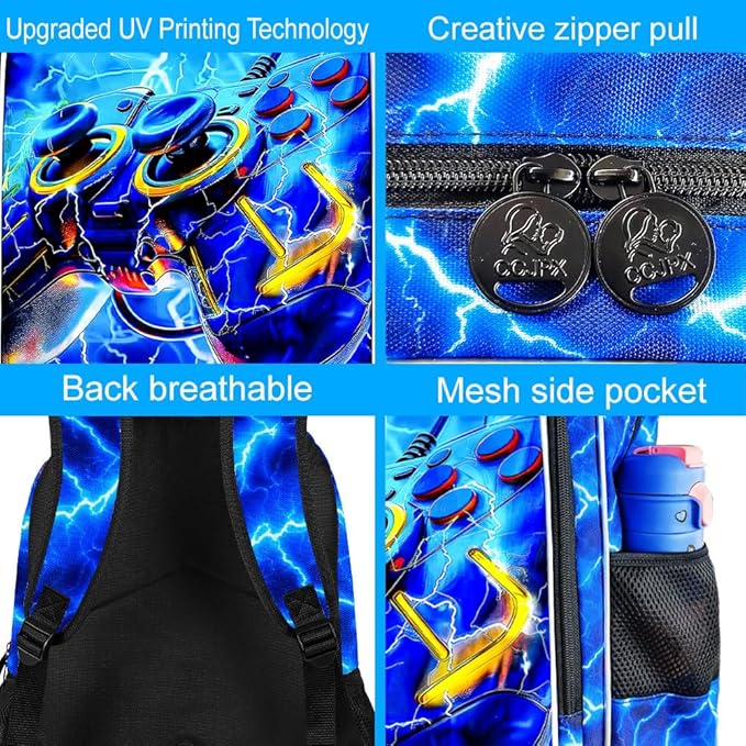 KLFVB 3PCS School Backpack for Kids, 17" Boys Game Bookbag and Lunch Box, Water Resistant Teenagers Backpacks for Middle Elementary - Lightning Game