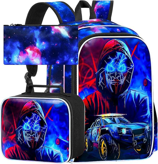 gxtvo 3PCS Boys Truck Backpack, 17" Kids Demon Bookbag with Lunch Box, Water Resistant Middle Elementary School Bag - Devil Man Truck
