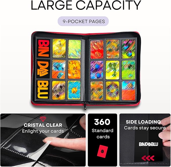 9 Pocket Trading Card Zip Binder - 360 Side Loading Pocket Binder for Colletible Games, Sport, TCG - Trading Card Binder - Gift Card holder for Boys and Girls - Red card binder