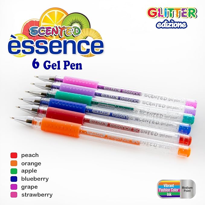BAZIC Products Essence Scented Glitter Color Gel Pen, Comfort Grip Acid Free Smooth Writing for Drawing Coloring Greeting Card Art Gift (6/Pack), 2-Packs