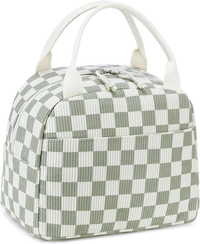 LEDAOU Lunch Box for Women Insulated Lunch Bag Corduroy Lunch Tote Bags Leakproof Cooler Lunch Case for Travel Work Picnic (Checked)