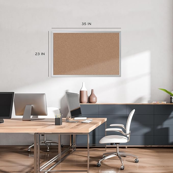 U Brands Cork Bulletin Board, 36" x 24", Silver Aluminum Frame, Industrial Grade Pinning Surface