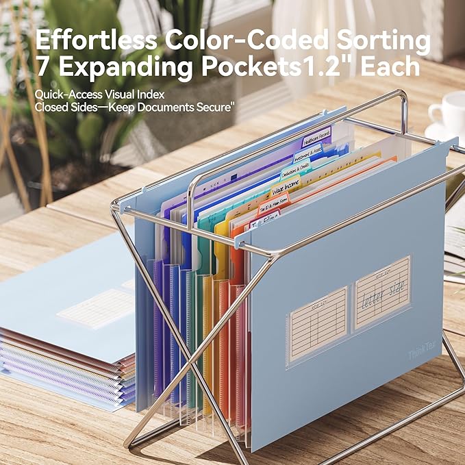 ThinkTex Plastic Expanding Hanging File Folders, 7 Innovative 1.2" Accordion Pockets, Large Capacity, Multi-Color Tabs, Letter Size for Filing Cabinet - Blue