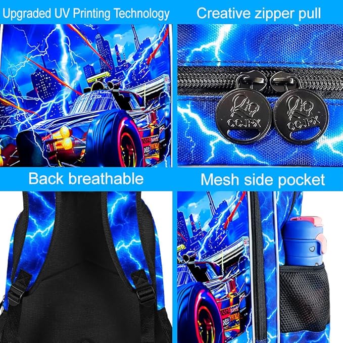 KLFVB 3PCS Lightning Backpack for Boys, 17" Race Car Bookbag and Lunch Box, Water Resistant Teenagers School Backpacks for Middle Elementary - Lightning Speed Car