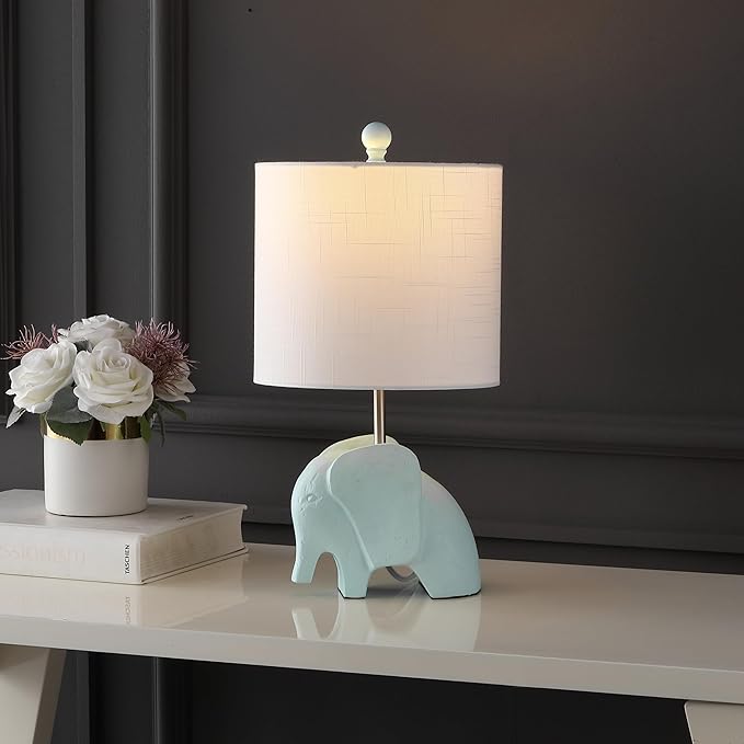 JONATHAN Y 17.5" Turquoise Elephant Kids Table Lamp, Whimsical Resin Bedside Lamp with White Linen Drum Shade for Bedroom Playroom Nursery, LED Bulb Included, UL Listed (JYL1143B)