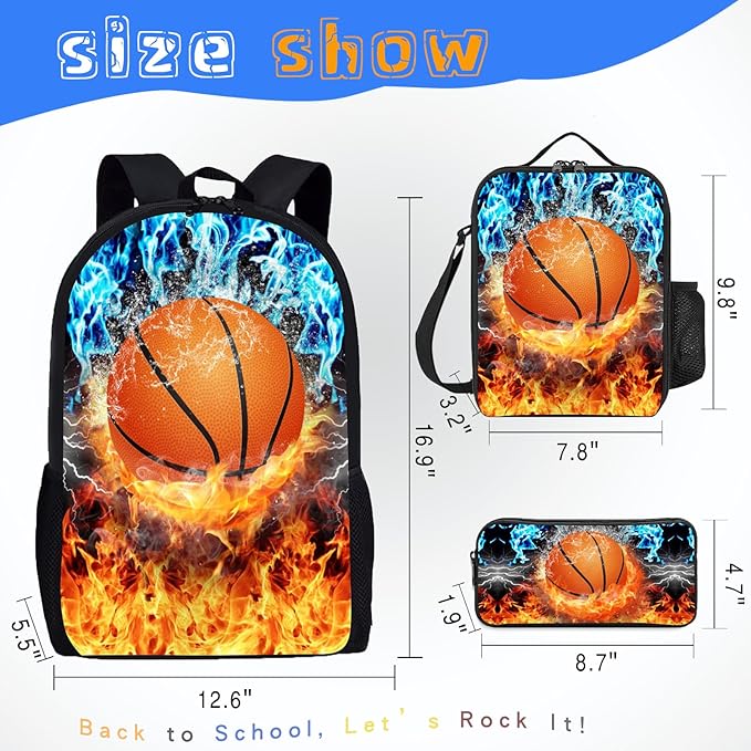 3PCS Basketball Backpack Set for Boys, Lightweight Large Backpack with Lunch Box & Pencil Case, Cool Sport Bookbag for Kids, Back to School Backpacks for Elementary & Middle School - 01