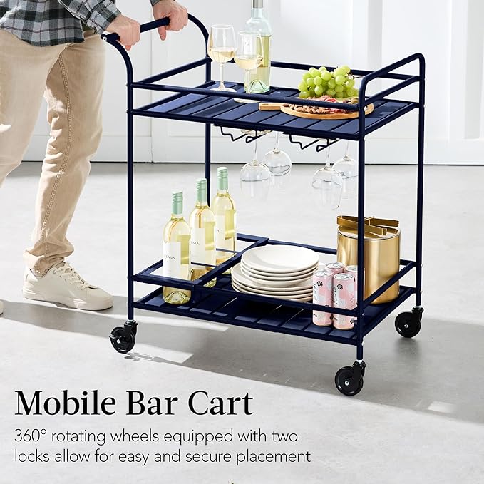 Best Choice Products Rolling Bar Cart, Mobile Home Bar Serving Cart, Serving Station w/ 2 Tier Shelves, Wine Rack, Lockable Wheels - Navy