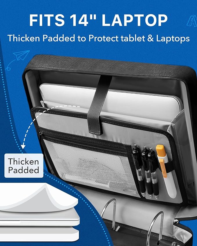 Upgraded 3 Rings Zipper Binder Organizer 3 Inch Zippered Binders with Strap Large Zip Up Portfolio Folder Bag with 9 Pockets Laptop Compartment for Office Travel, Black