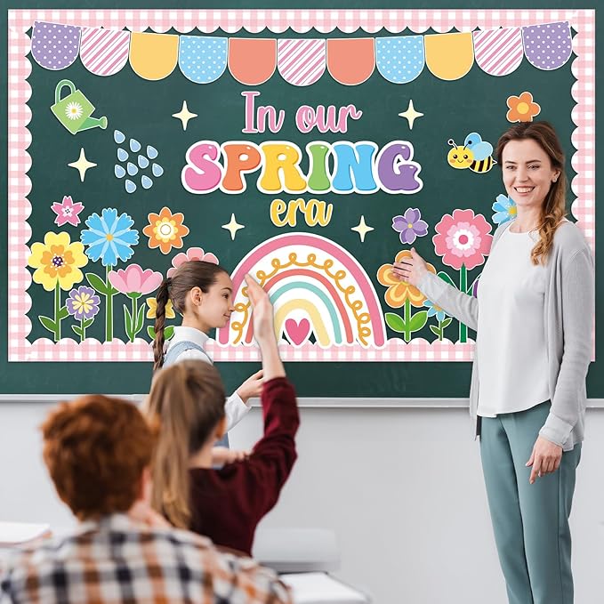 Spring Bulletin Board Decoration Set Floral Classroom Decoration Flowers Rainbow Bee Paper Cutouts in Our Spring Era Bulletin Board for School Office Home Nursery Chalkboard Wall Decor Party Supplies