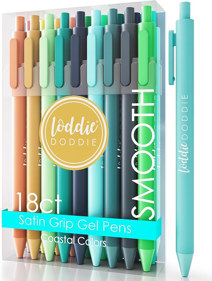Loddie Doddie Retractable Colored Gel Pens - 18-Pack, 0.7 mm, Coastal Satin Barrel - Smooth-Glide Journaling Pens - Precision Fine Tip Markers - Vibrant Pastel Color Markers