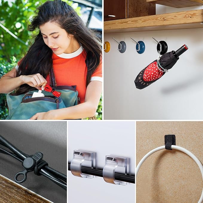 50Pcs Cord Organizer Kit, Reusable Silicone Cable Ties, Strong Adhesive Cable Clips for Cable Management, Multipurpose Wire Management for Bundling and Fastening Various Wires (6 Colors)