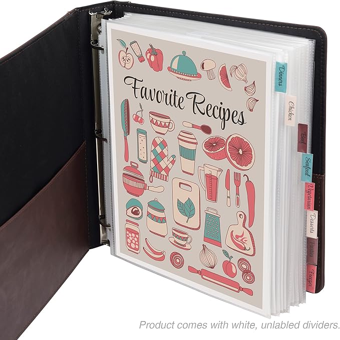 Samsill 8 Tab Recipe Dividers, Recipe Sleeves, Sheet Protector Dividers, with Tab Inserts, Clear, Super Heavyweight, Top Loading, 3 Hole Punched for Standard Letter Size Binders, Archival Safe