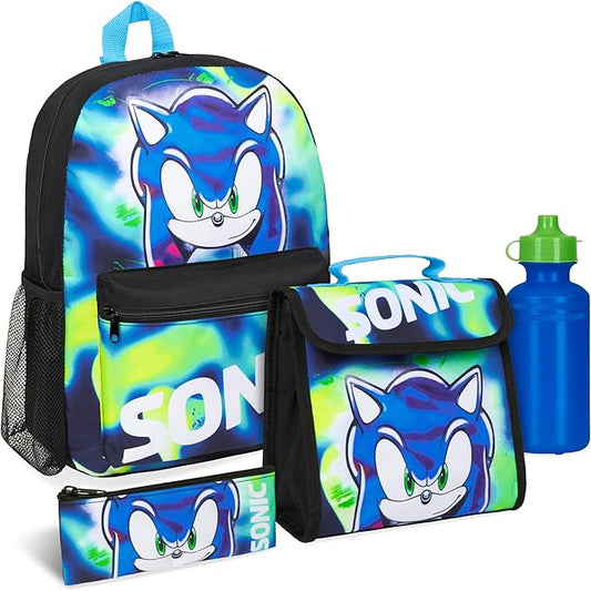 Sonic The Hedgehog Backpack Set 4 Pcs with Insulated Lunch Bag Water Bottle Pencil Case Shadow School Supplies Gift for Kids (Sonic 4 Pcs Set)