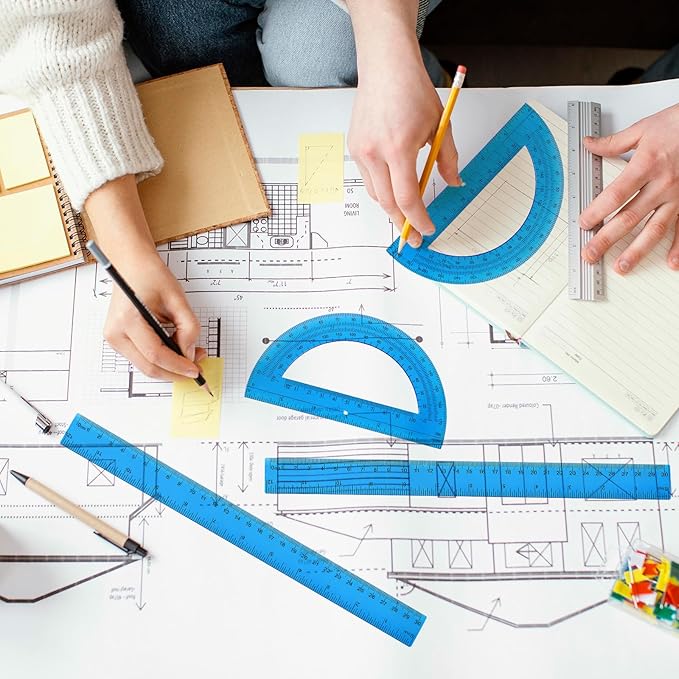 4 Pcs Ruler Protractor Set, Blue 12" Ruler and 6" Protractor 180 Degrees Angle Measurement Geometry Set with Inches Centimeters for Office School Classroom Home Drawing Supplies