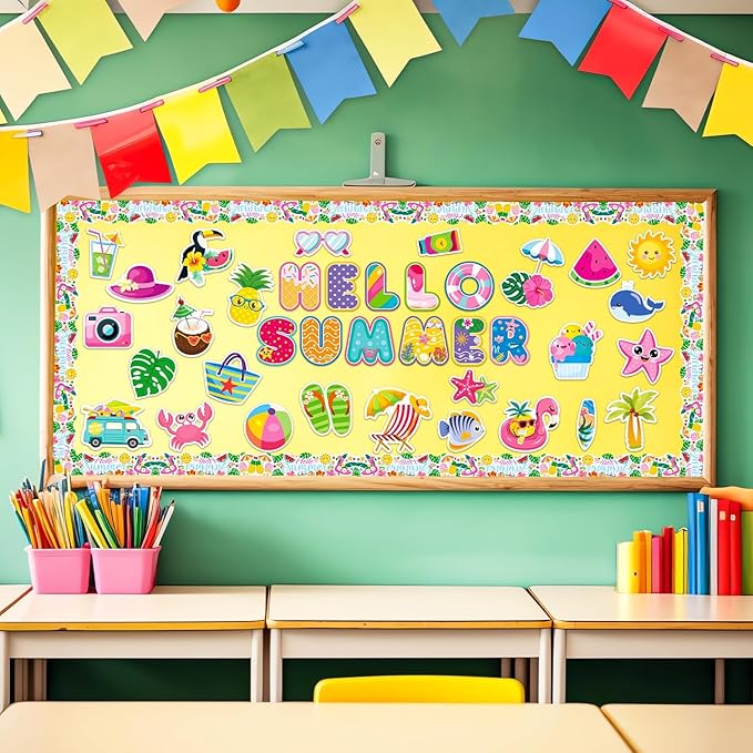 73 Pcs Hello Summer Cutouts for Bulletin Board Decorations - Hawaiian Tropical Paper CutOuts Summer Pool Beach Bulletin Board Border Wall Decals for Kids Teacher Supplies Classroom School Kindergarten