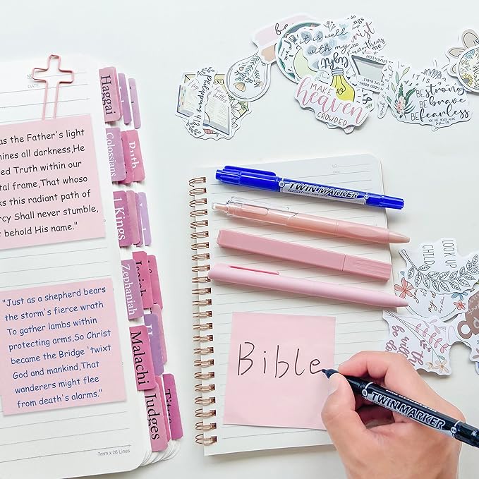 J6&H6 Complete Bible Study Supplies Journaling Kit with Tabs, Highlighter and Color Pens,Multi Functional Pencil case.Study Group Essentials Accessories Set for Women, Beginner Christian Gifts(Pink)