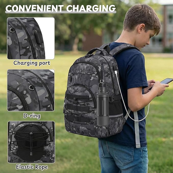 School Backpacks for Boys - 4pcs Camo Boys Backpacks with Lunch Box Set for Kids Teens Elementary Middle School, 18″ Large Capacity Students Bookbag, Perfect for Travel