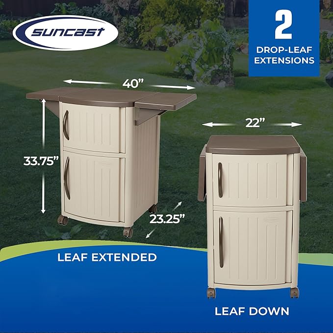 Suncast 2 Pack Outdoor Patio Grill Prep Station Cart with 2 Storage Cabinets, Light Taupe/Mocha